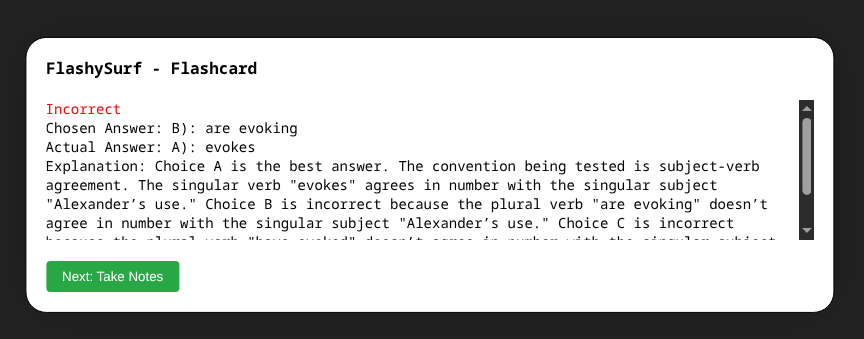 Flashcard showing an incorrect answer